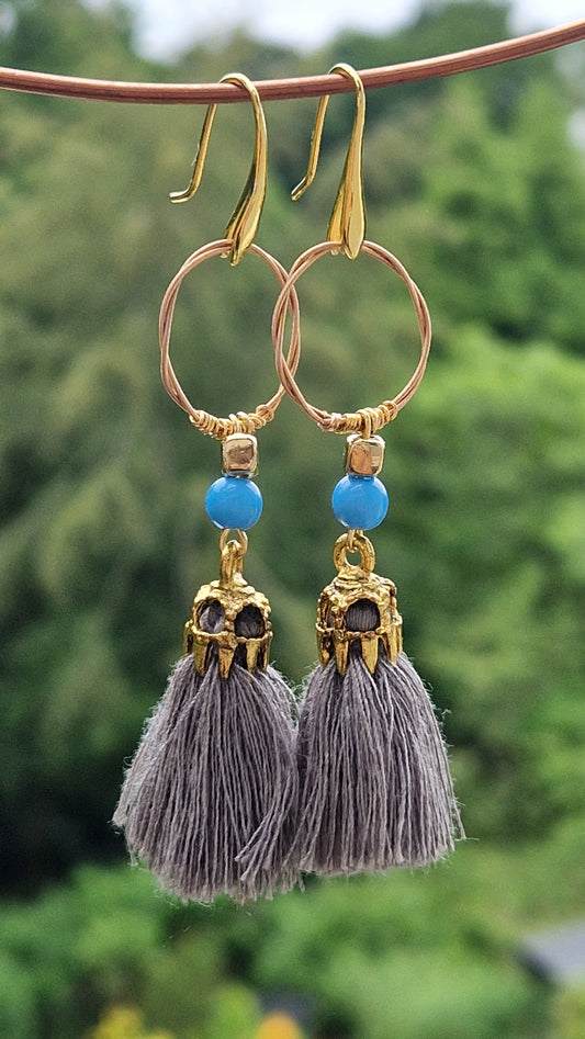 Guitar Hoop Blue Tassle Earrings